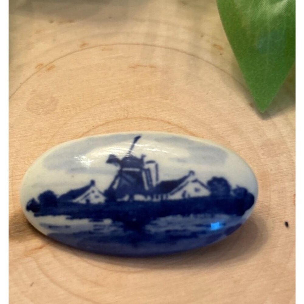 Vintage Delft Holland Ceramic Brooch With Windmill Design Tiny